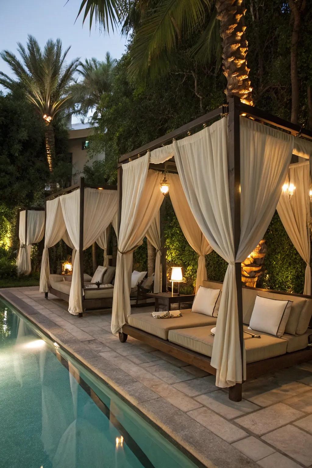 Canopies create intimate and private lounging spaces.