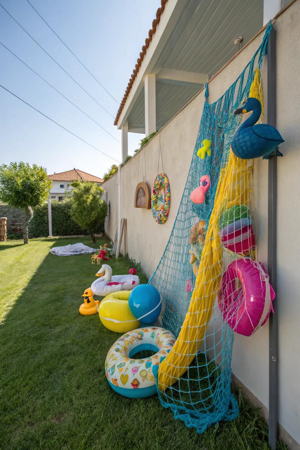 A cargo net provides a unique storage option for pool floats.