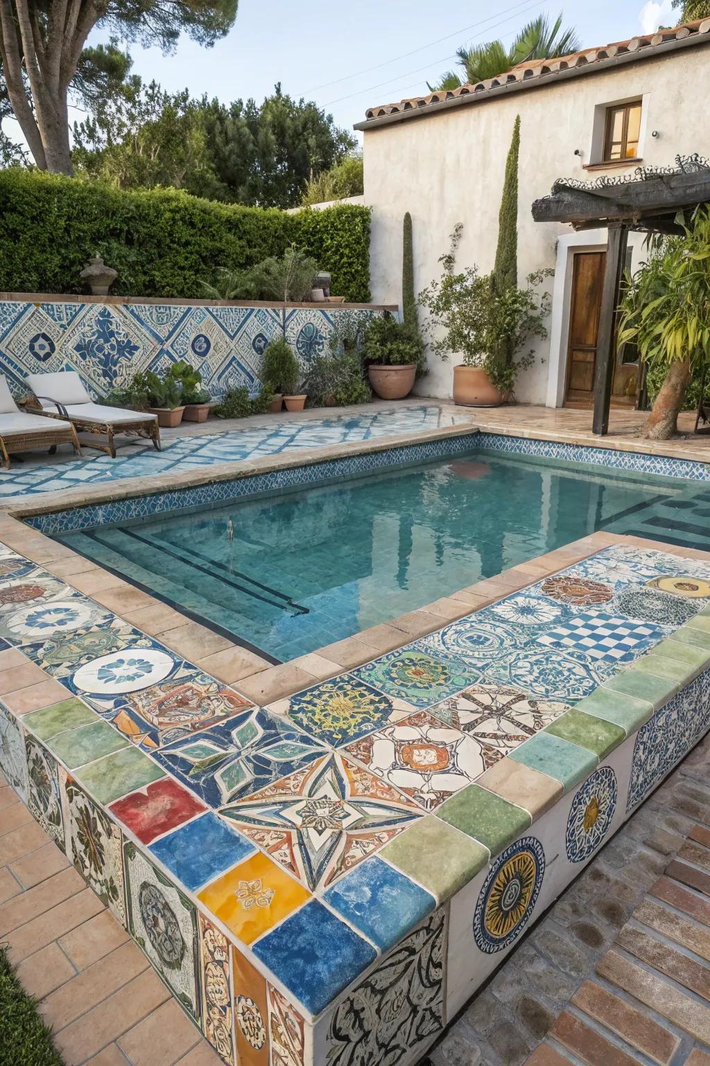An eclectic mix of tile styles and colors creates a uniquely vibrant look.