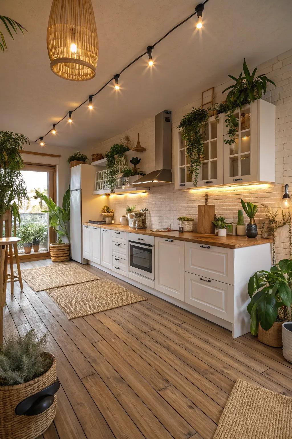Bamboo flooring provides kitchens with an eco-friendly and welcoming aesthetic.