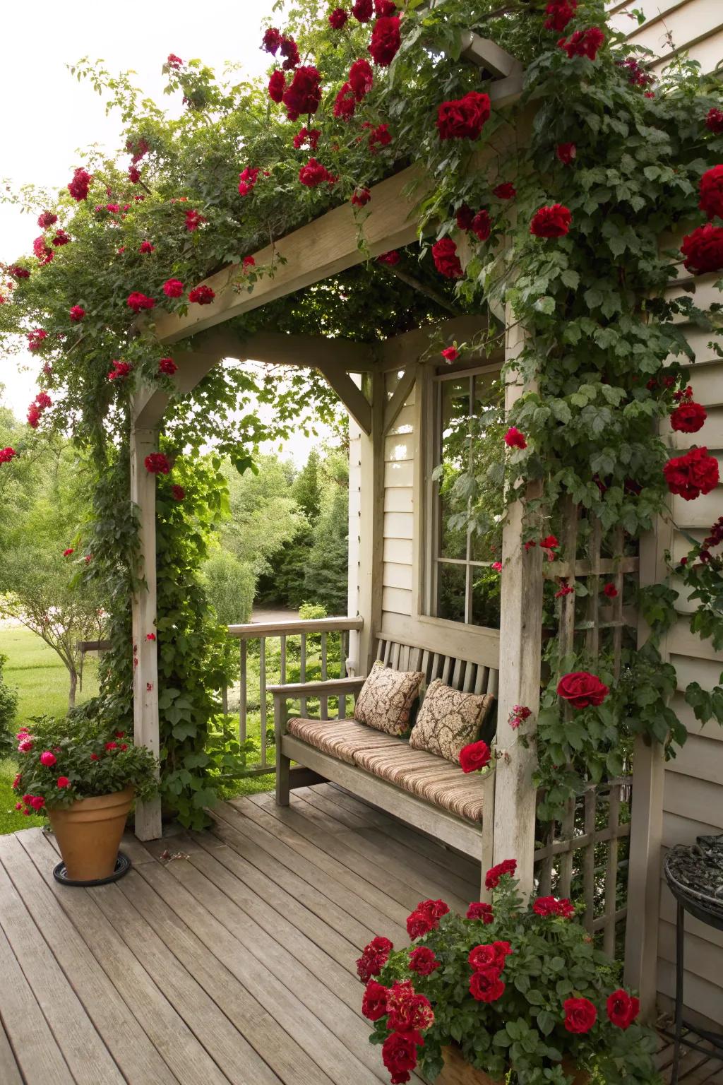 An arbor bench delivers a romantic escape on the porch.