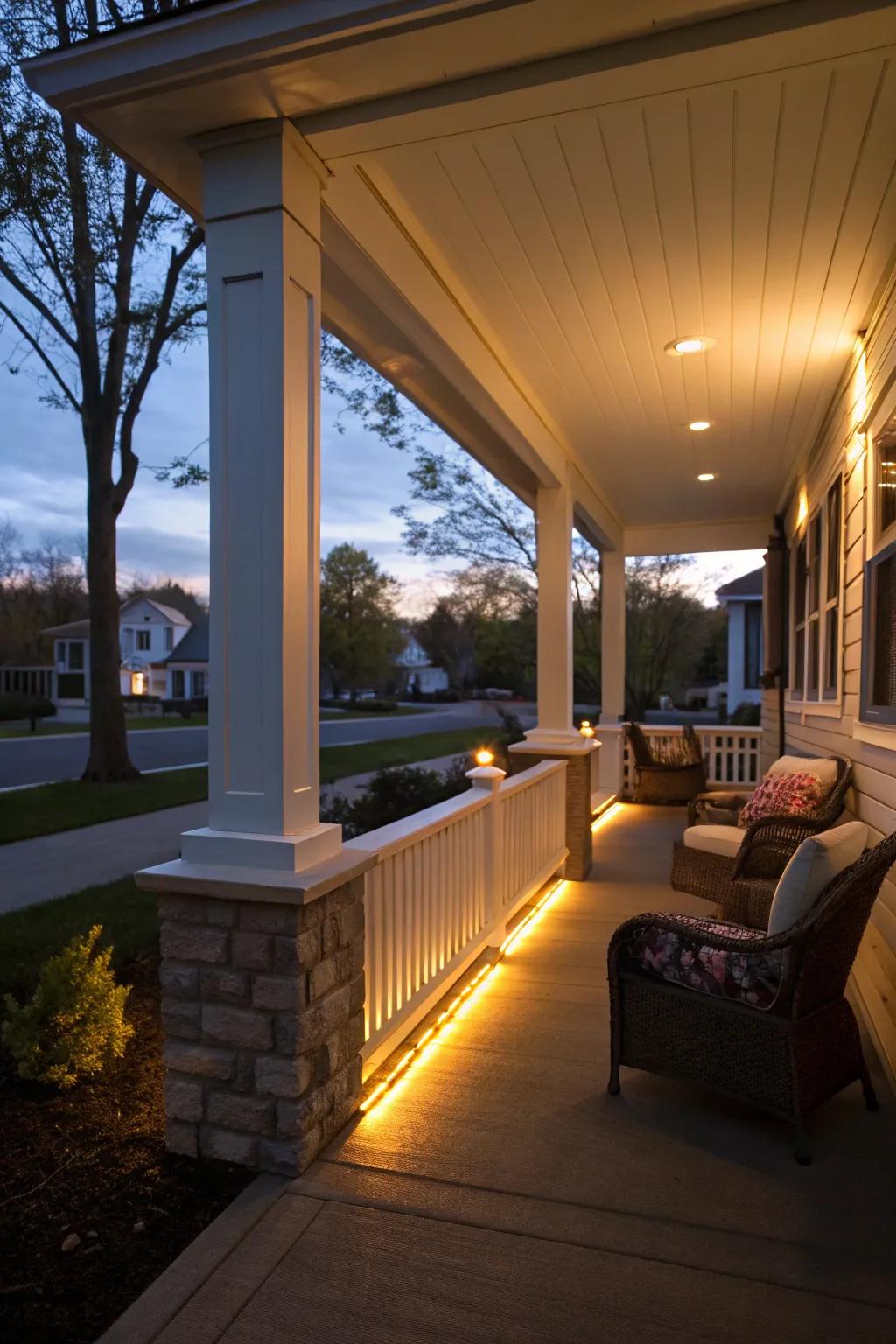 A porch knee wall illuminated with ambient lighting.