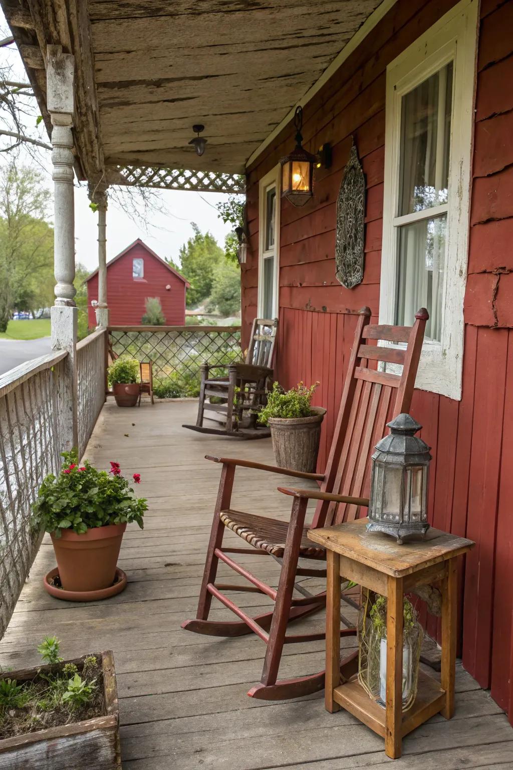 A countryside shack crimson porch that provides a cozy and nostalgic atmosphere.