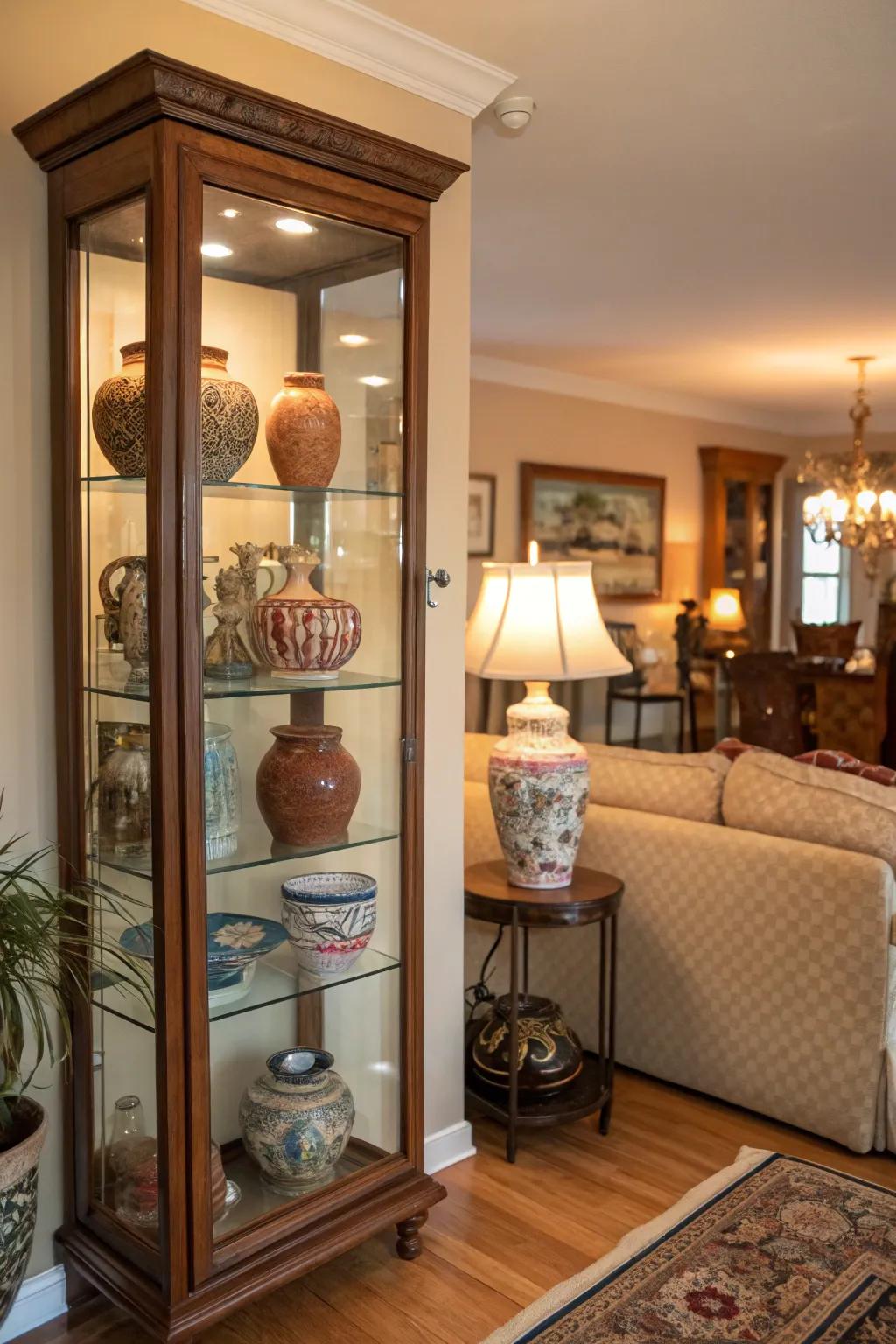 A glass cabinet displaying a pottery collection in the living room.