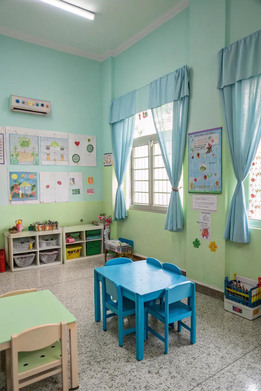 A calming environment enhanced by gentle greens and blues.