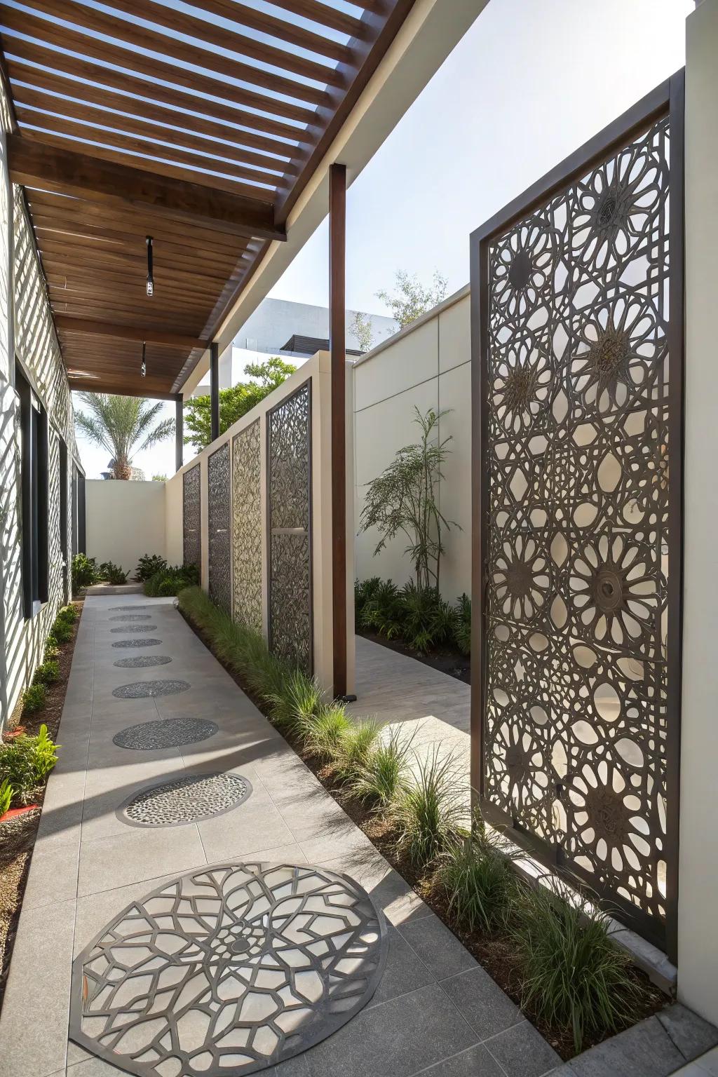 Metal screens with laser-cut designs offer privacy with a modern twist.