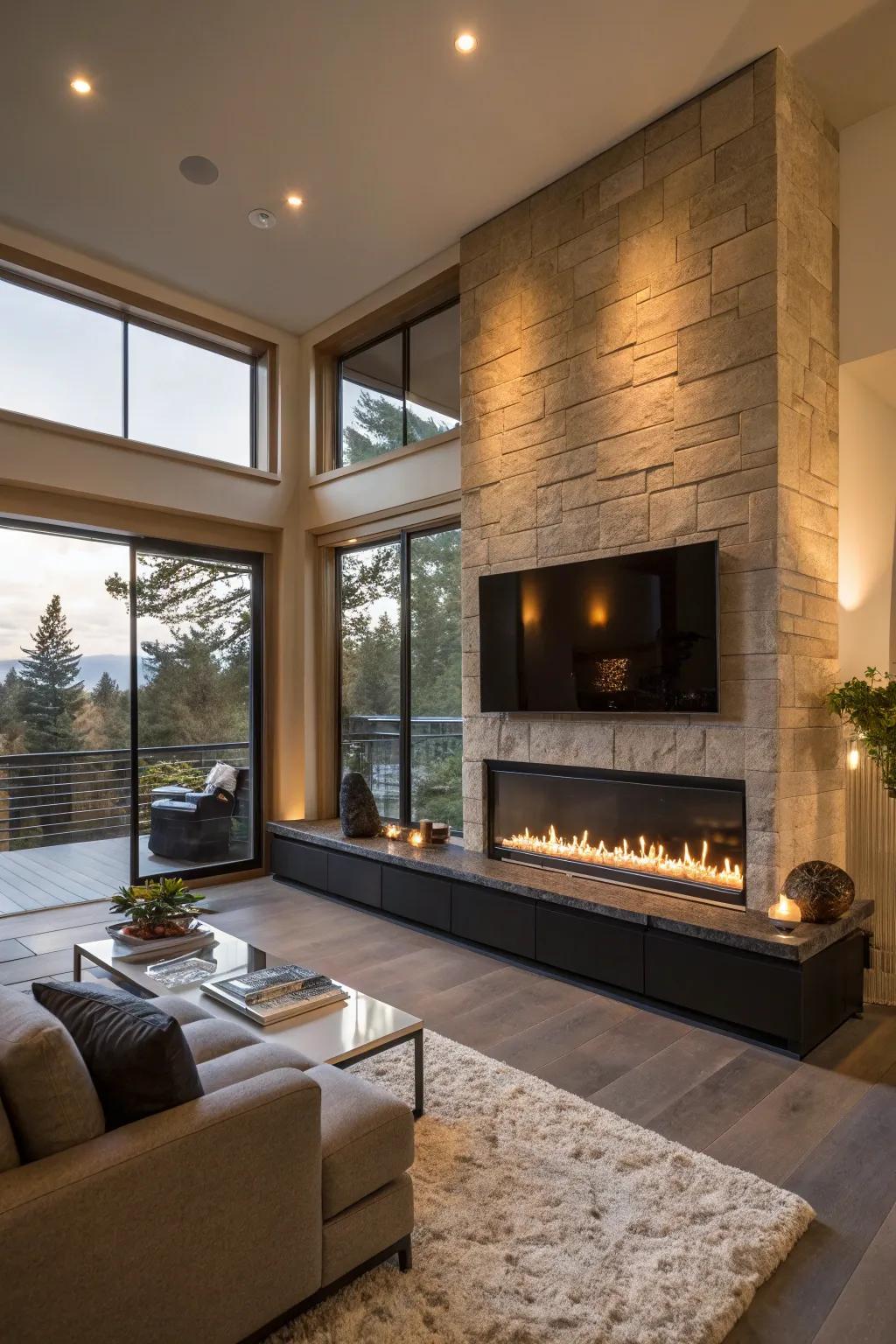 A modern living area featuring a propane fireplace with concealed burners.