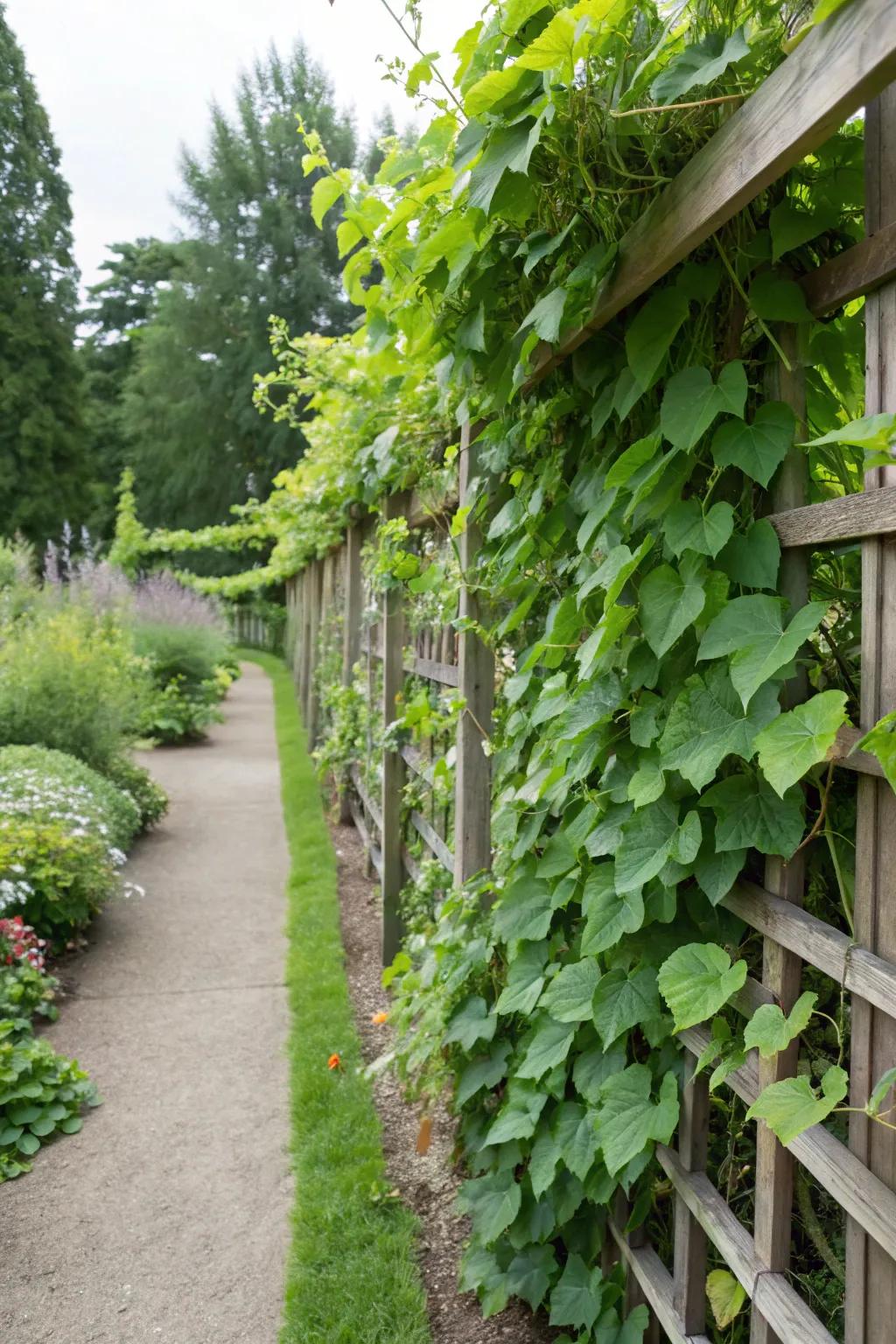 Climbers fashioning a verdant fence alongside land borders.