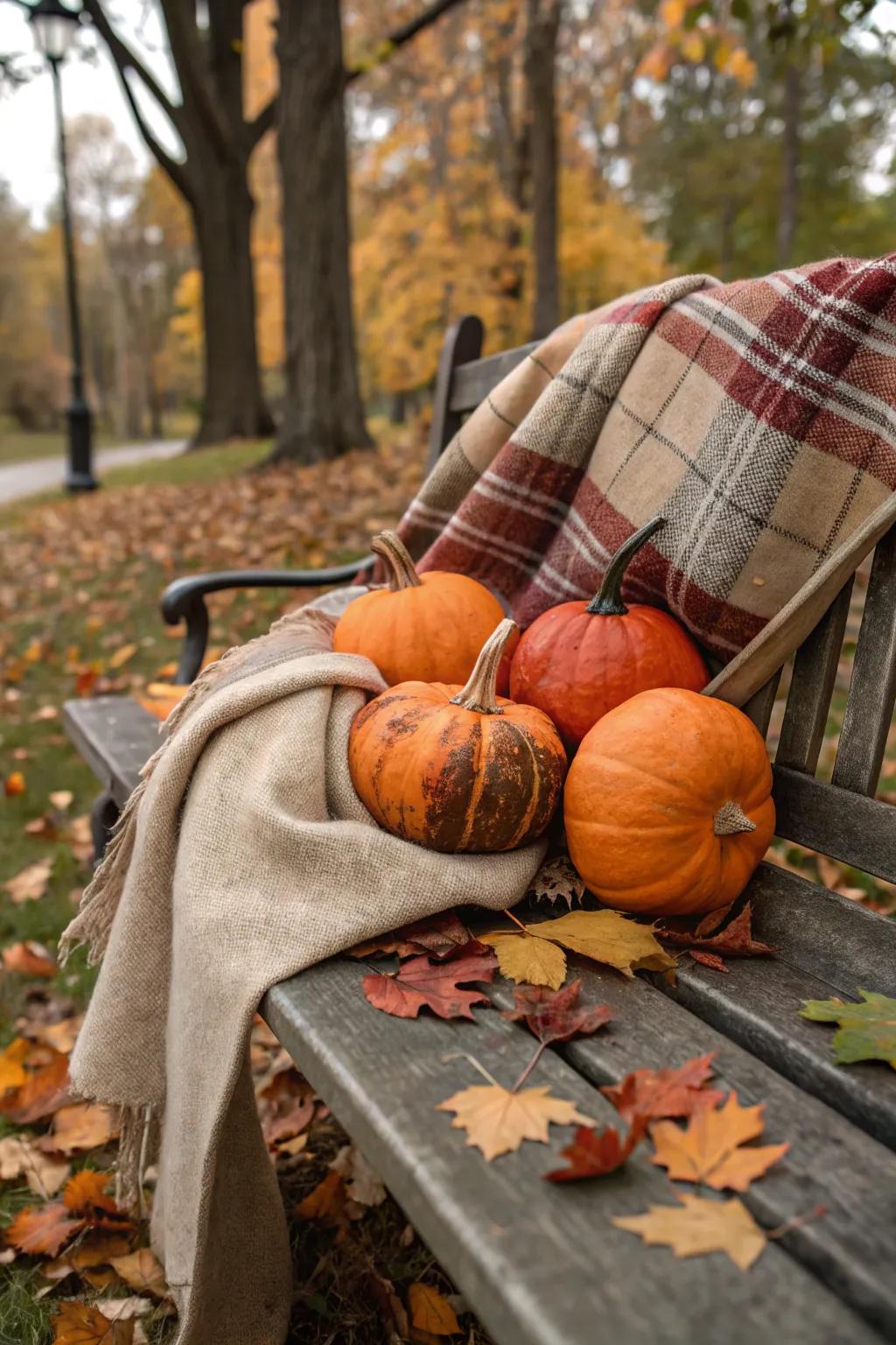 Cozy material-wrapped pumpkins for a country touch.