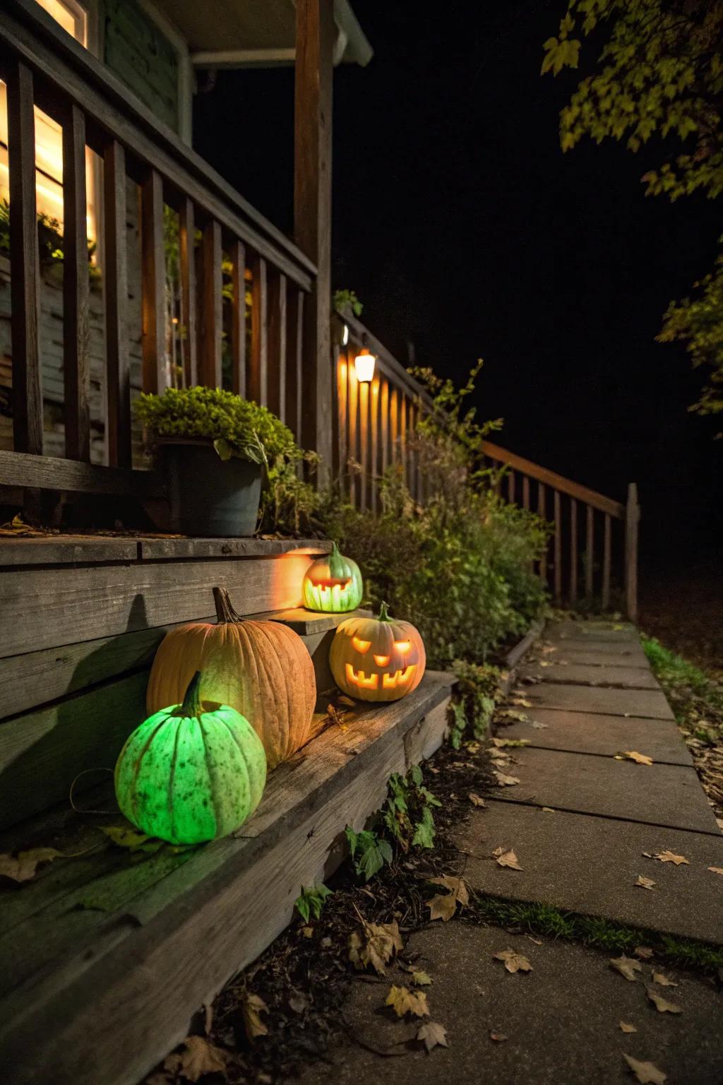 Pumpkins glowing in the dark, ideal for Halloween.