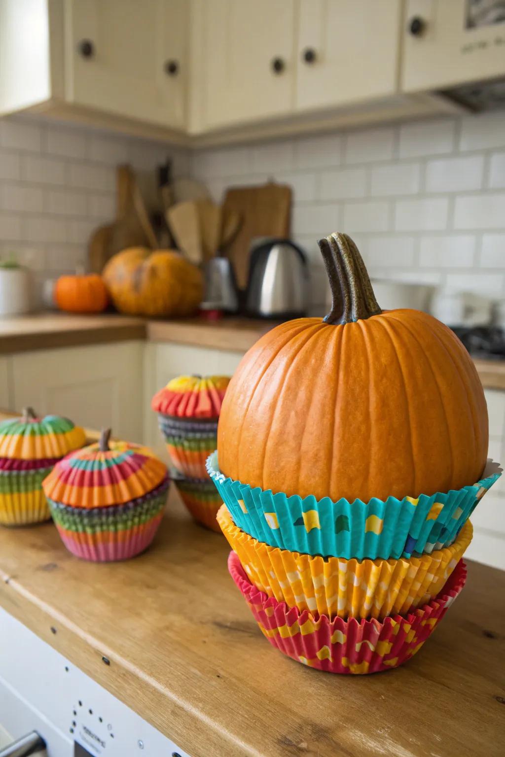Cupcake liners result in a textured and playful pumpkin design.