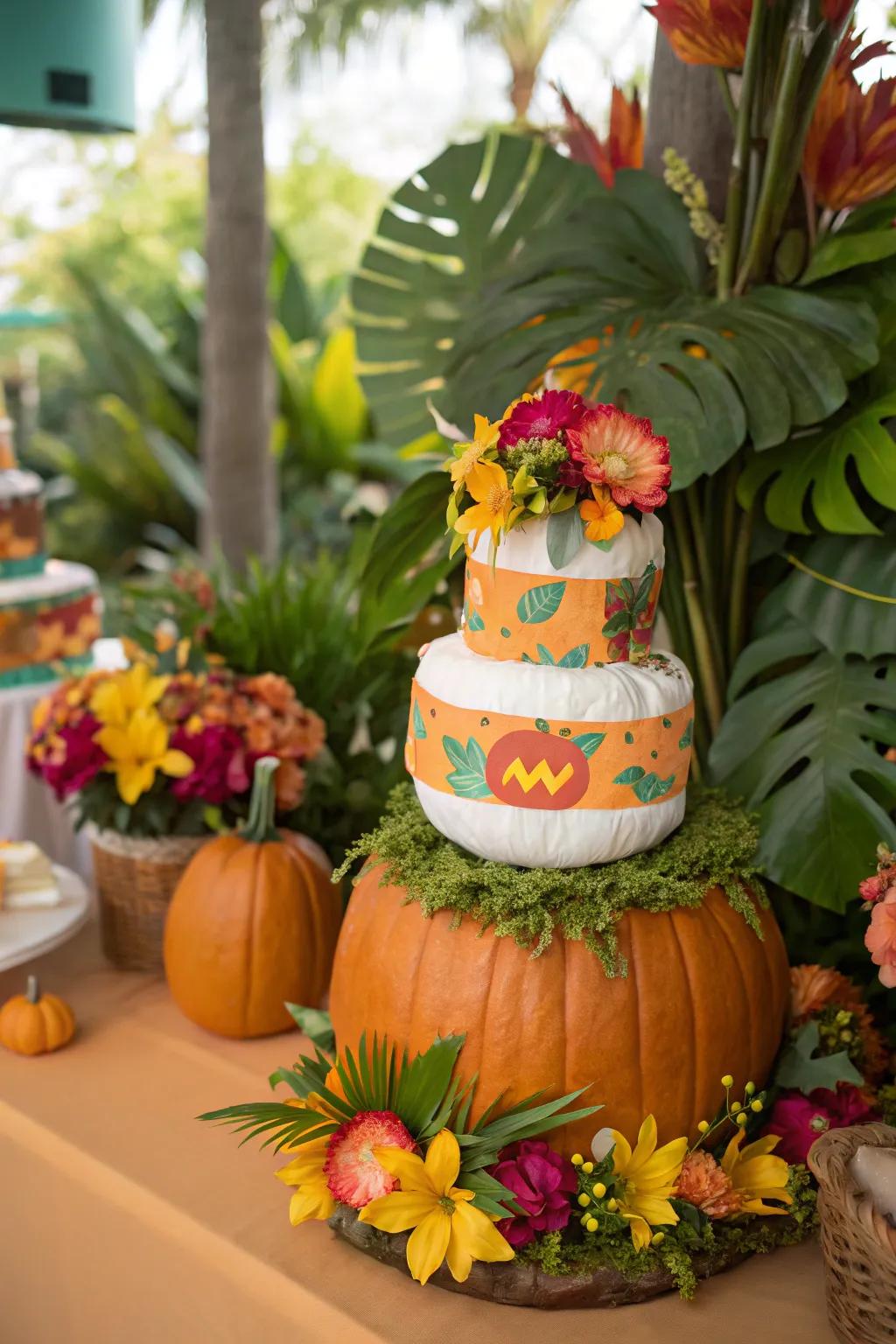 Exotic pumpkin diaper cakes bring warmth and sun to an autumn theme.