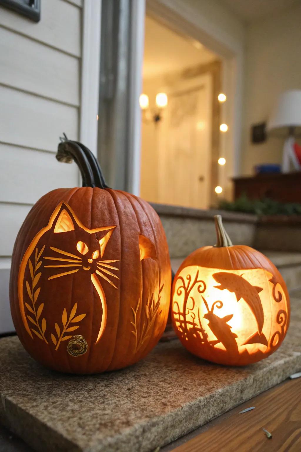 A spirited feline and aquatic orb pumpkin duo for a singular Halloween arrangement.