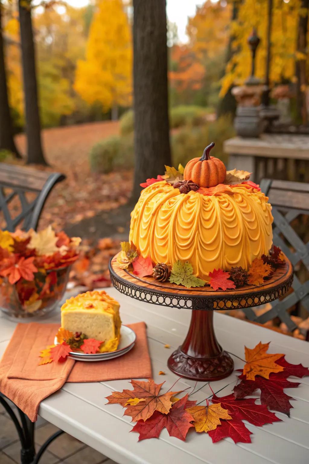 A pumpkin-themed cake serves both as a treat and a visual centerpiece.
