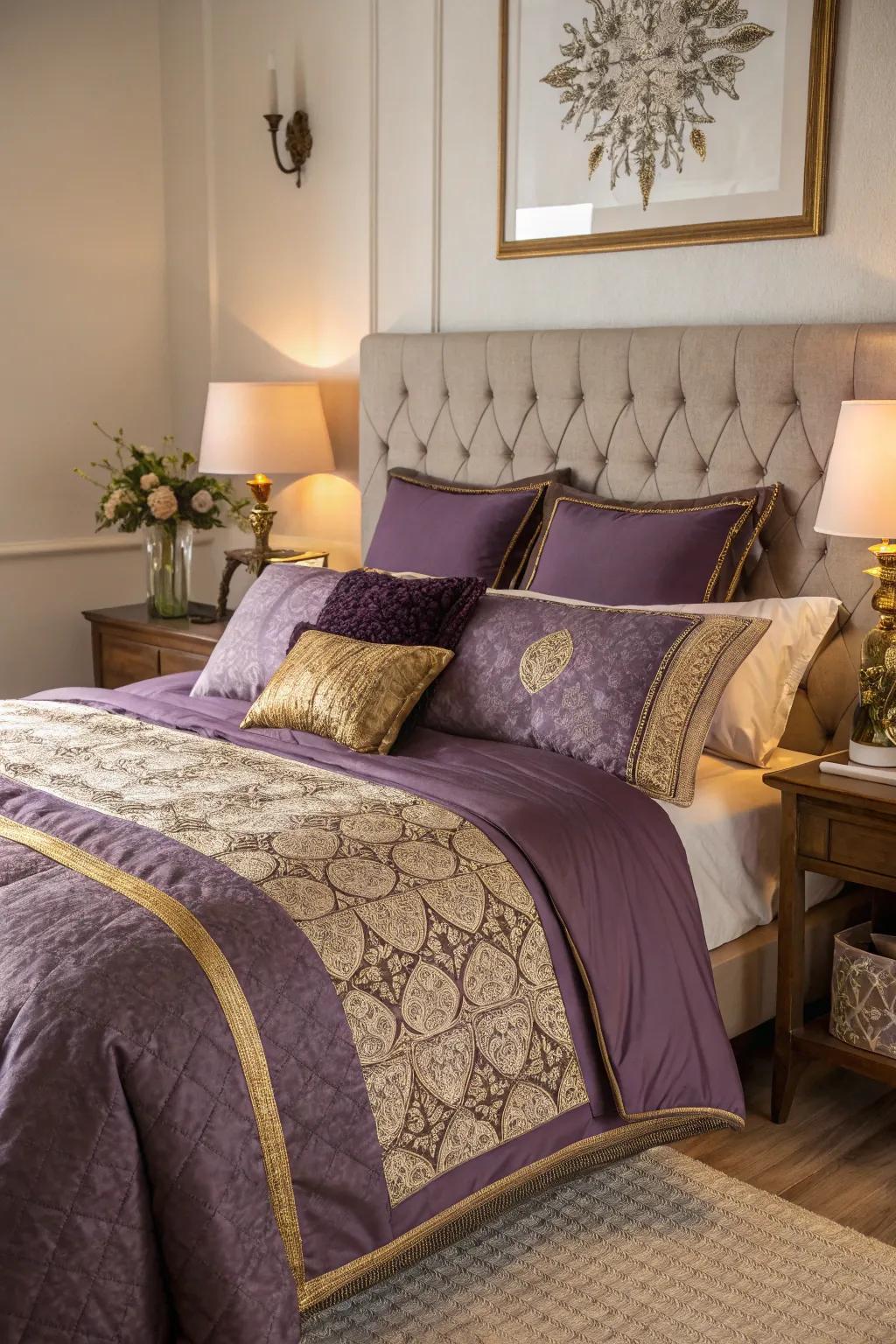 Layered bedding in purple and gold offers a lavish and versatile aesthetic.