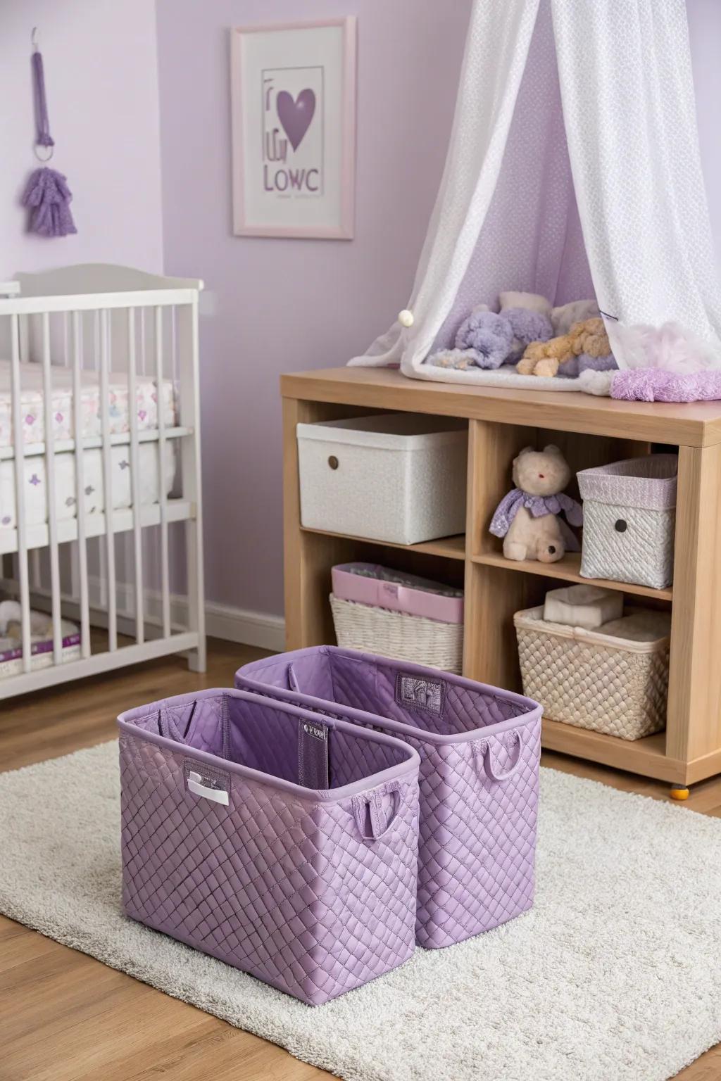 Coordinating storage solutions maintain an organized nursery.