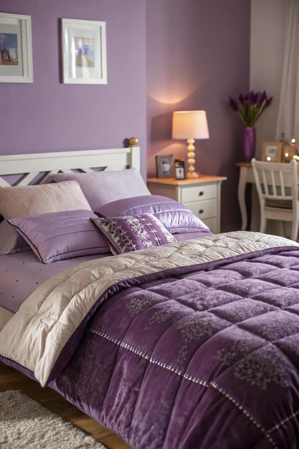 Layered premium bedding enhancing the comfort of a purple bedroom.