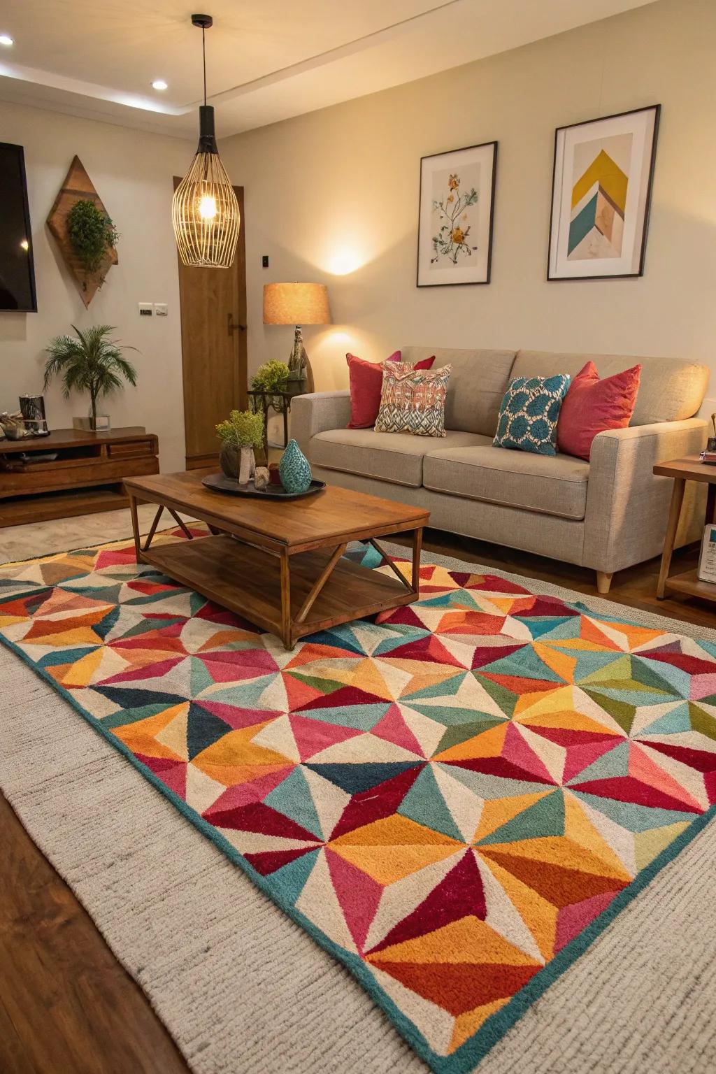 A bold shaped patterned floor covering as a style statement.