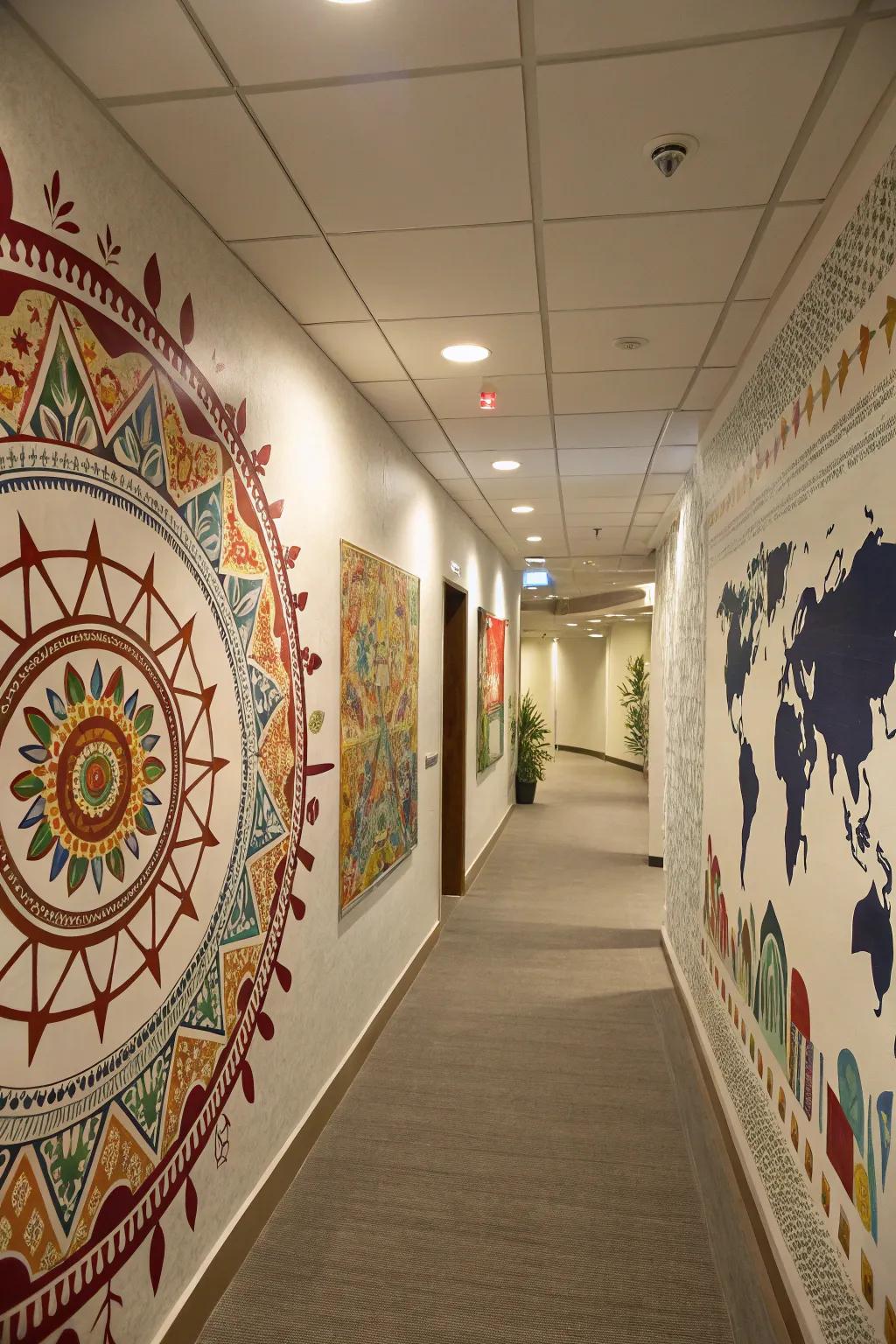A hallway featuring cultural radial artwork.
