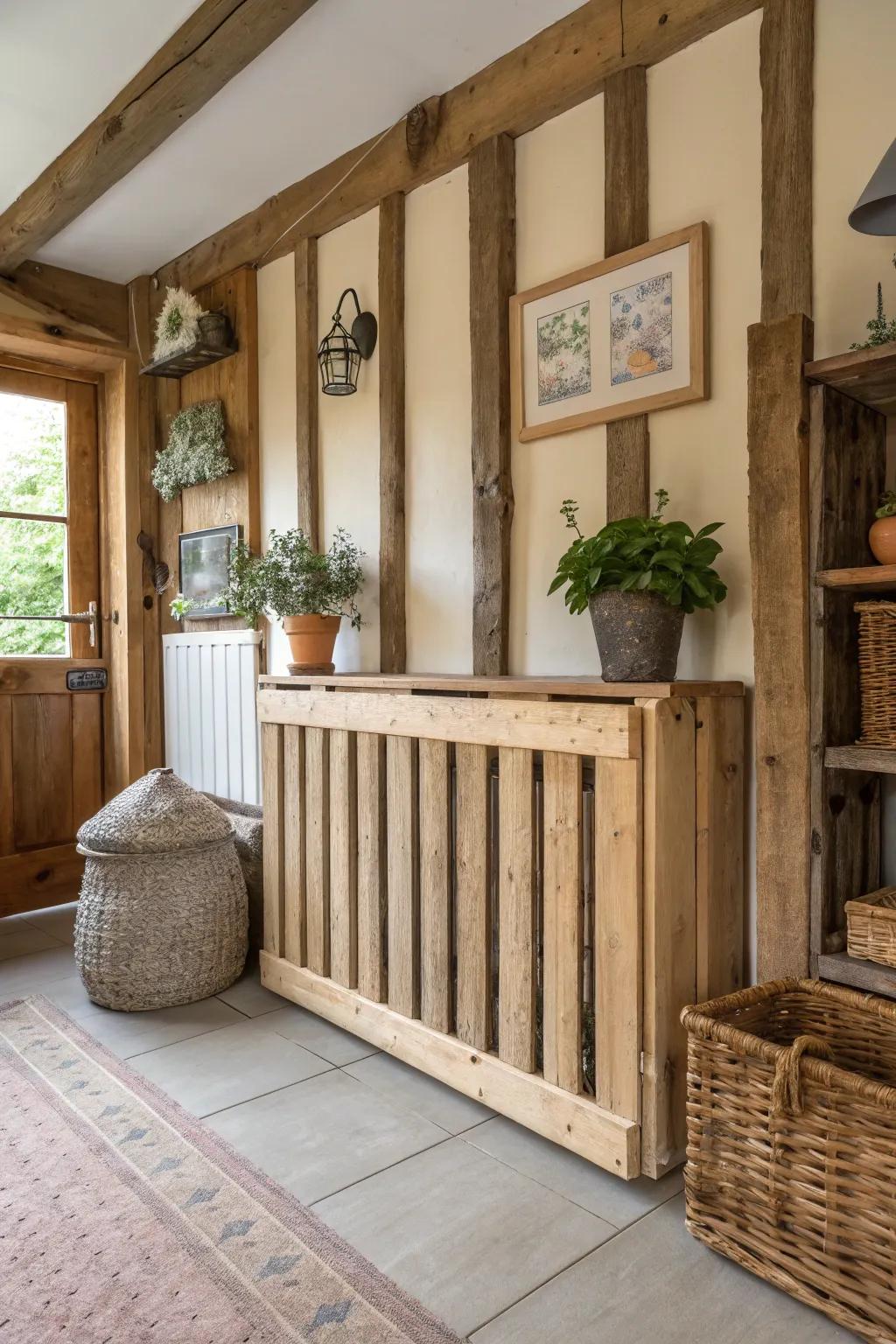 A pallet wood radiator shield adds rustic charm to a farmhouse-style room.