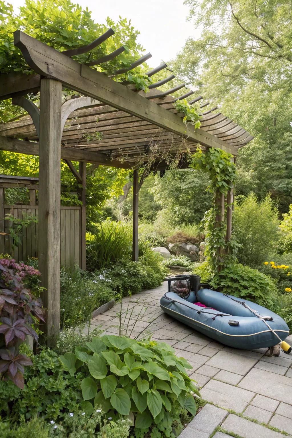 A pergola offers a picturesque setting for aqua vessel stowage.