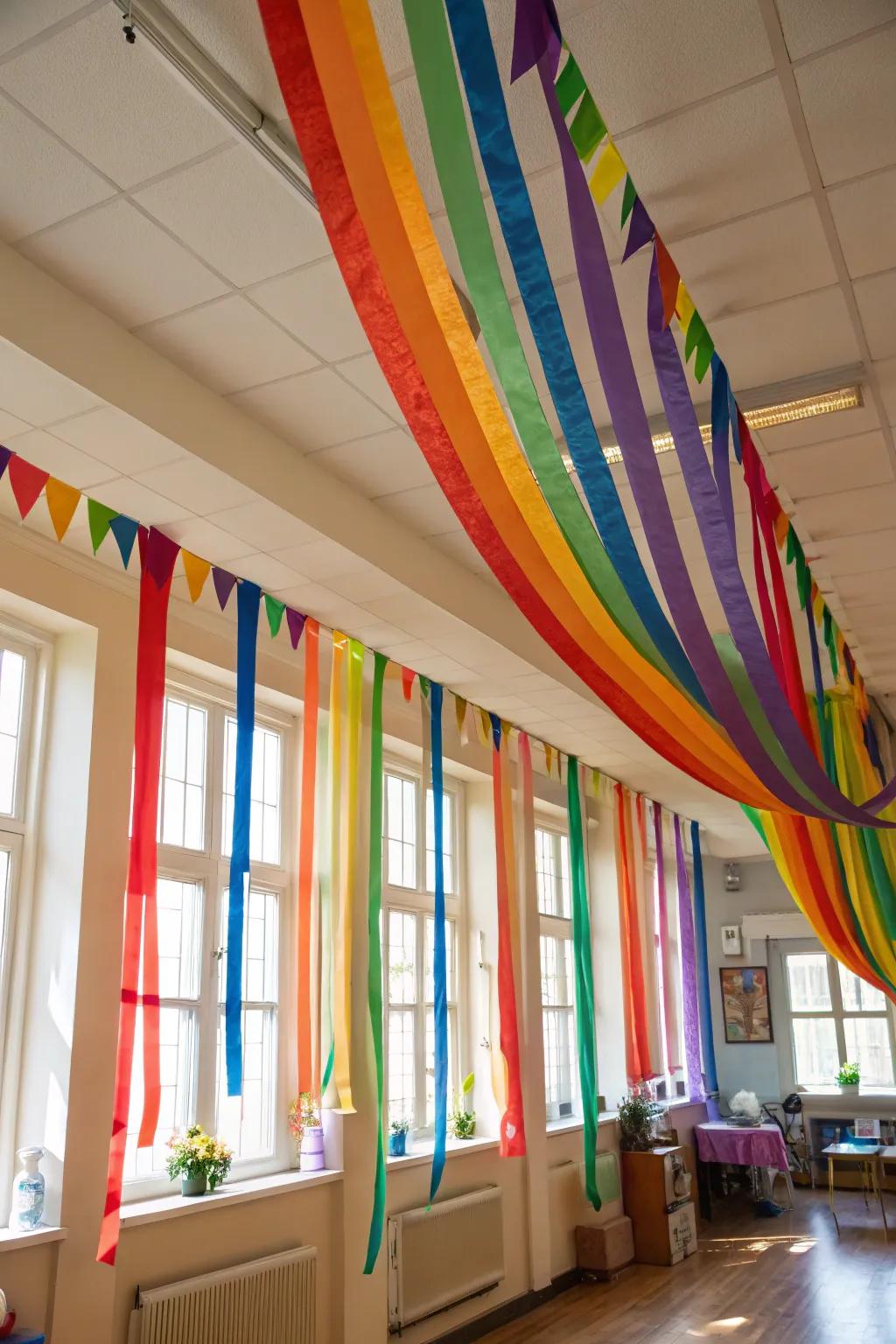 A lively space adorned with vibrant spectrum ribbons.