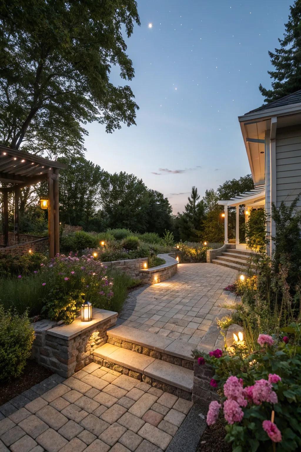 Pathway lighting adds safety and ambiance.