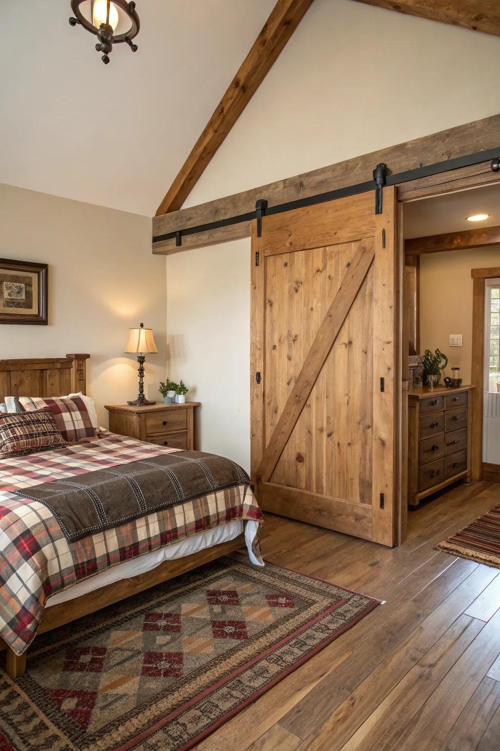 A bedroom featuring a sliding door and rustic furnishings.