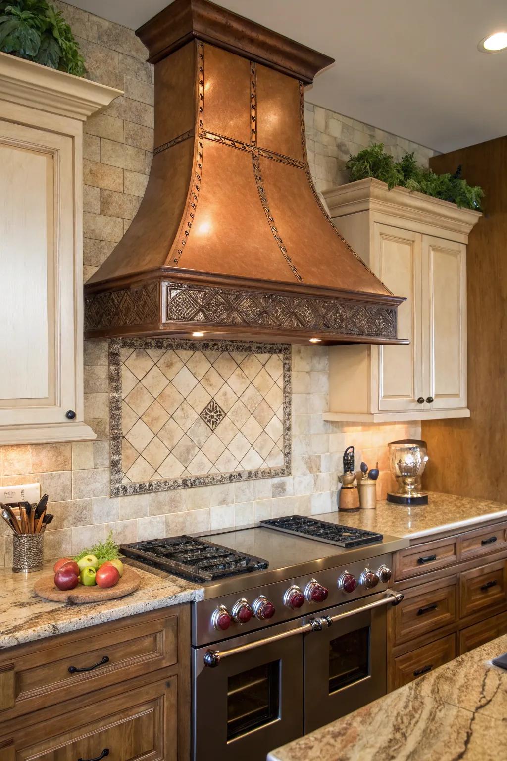 Kitchen with a copper range hood and earthy tile backsplash for a warm, inviting feel.