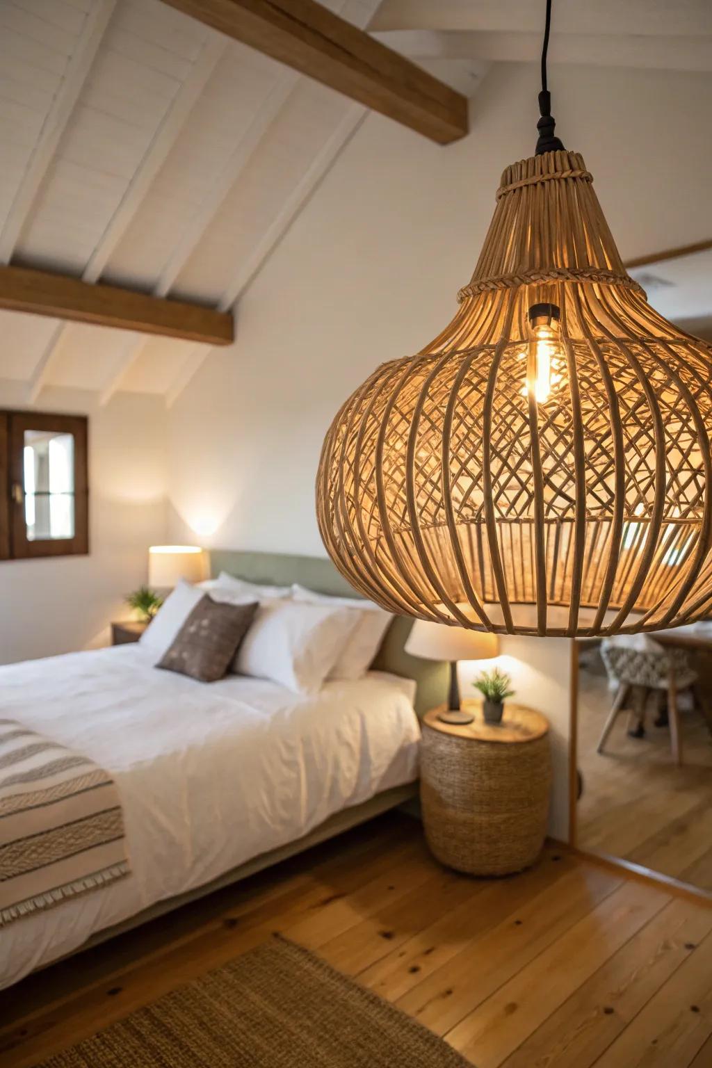 A rattan hanging lamp provides ambient light and design.