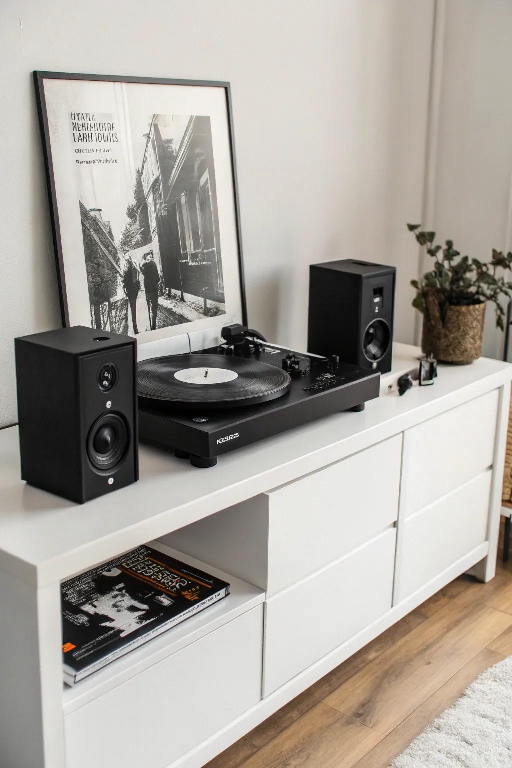 Simple black and white record player setup.