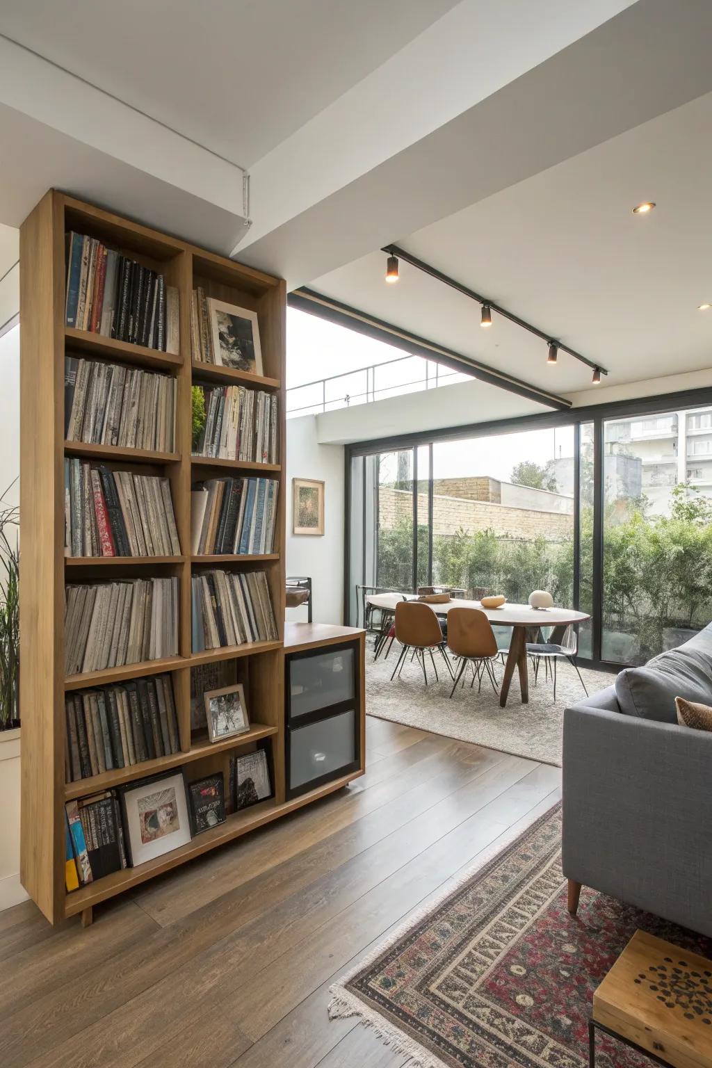 Space partitions can creatively incorporate your album collection.