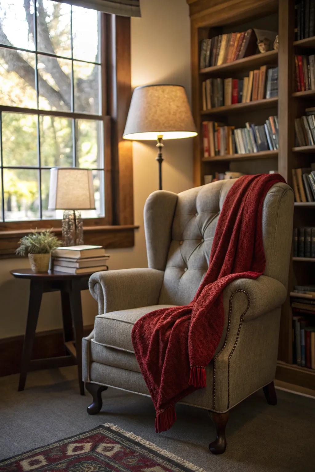 A reading cranny displaying an ash armchair and a scarlet overthrow.