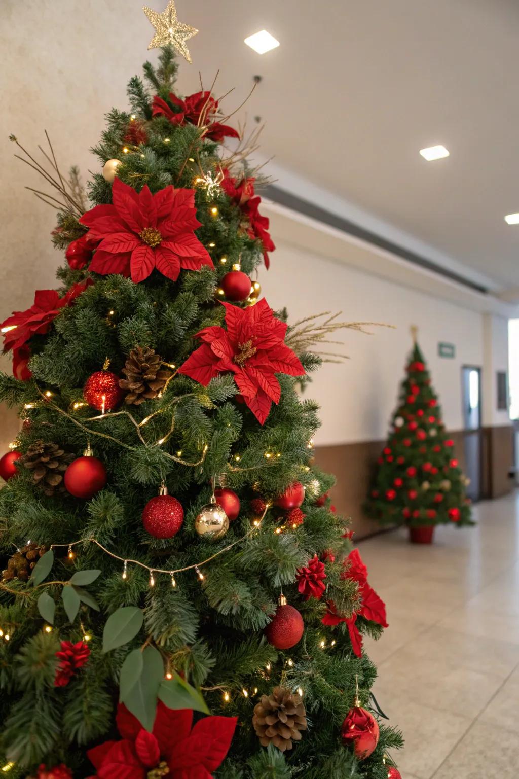 Brilliant Christmas tree featuring scarlet blossoms and greenery