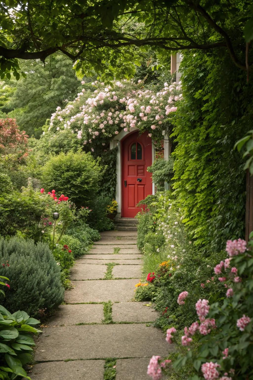 Mystical garden pathway leading to a red door.