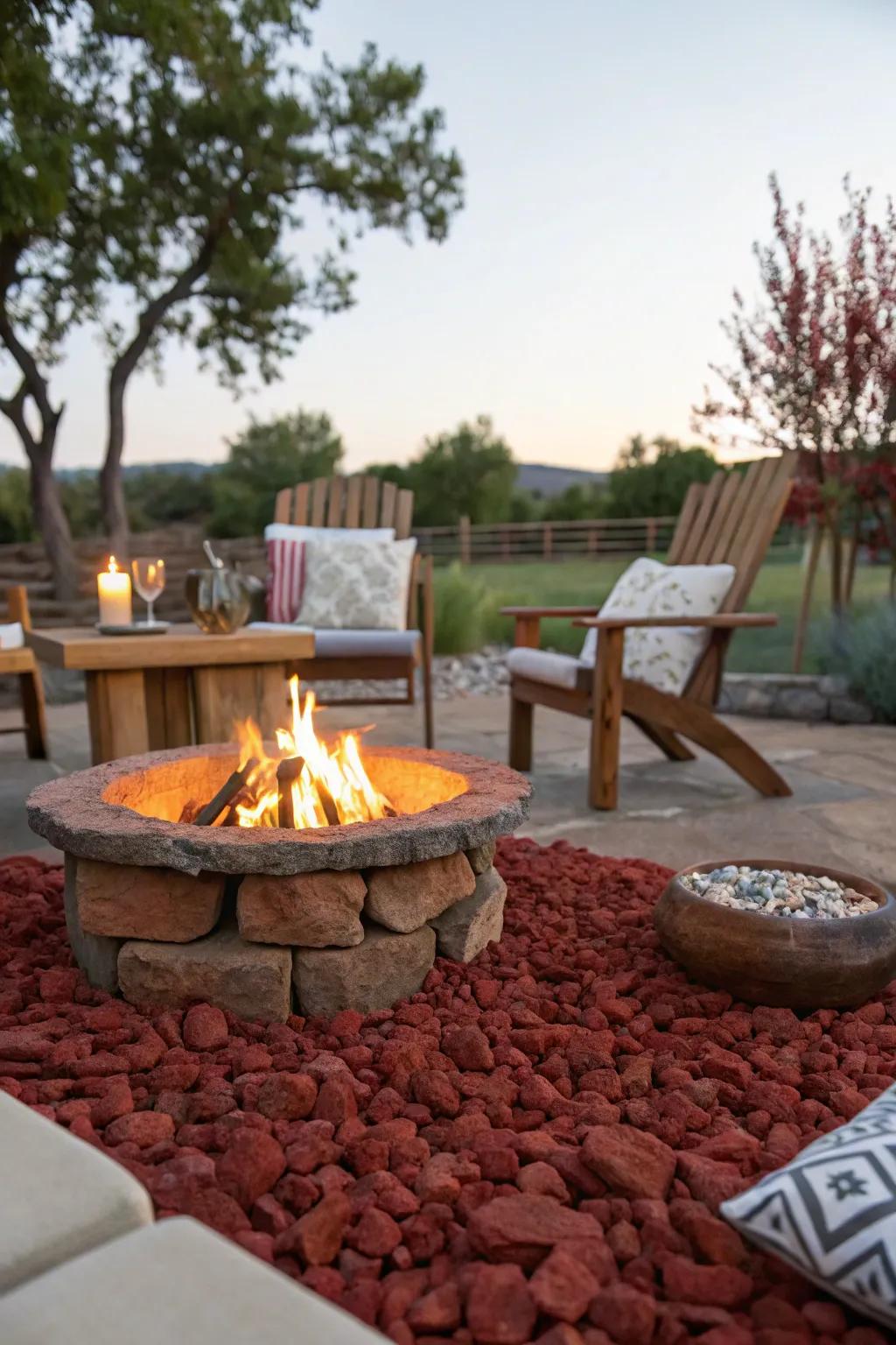 Scarlet igneous stones assure safety and style within this cozy bonfire environment.
