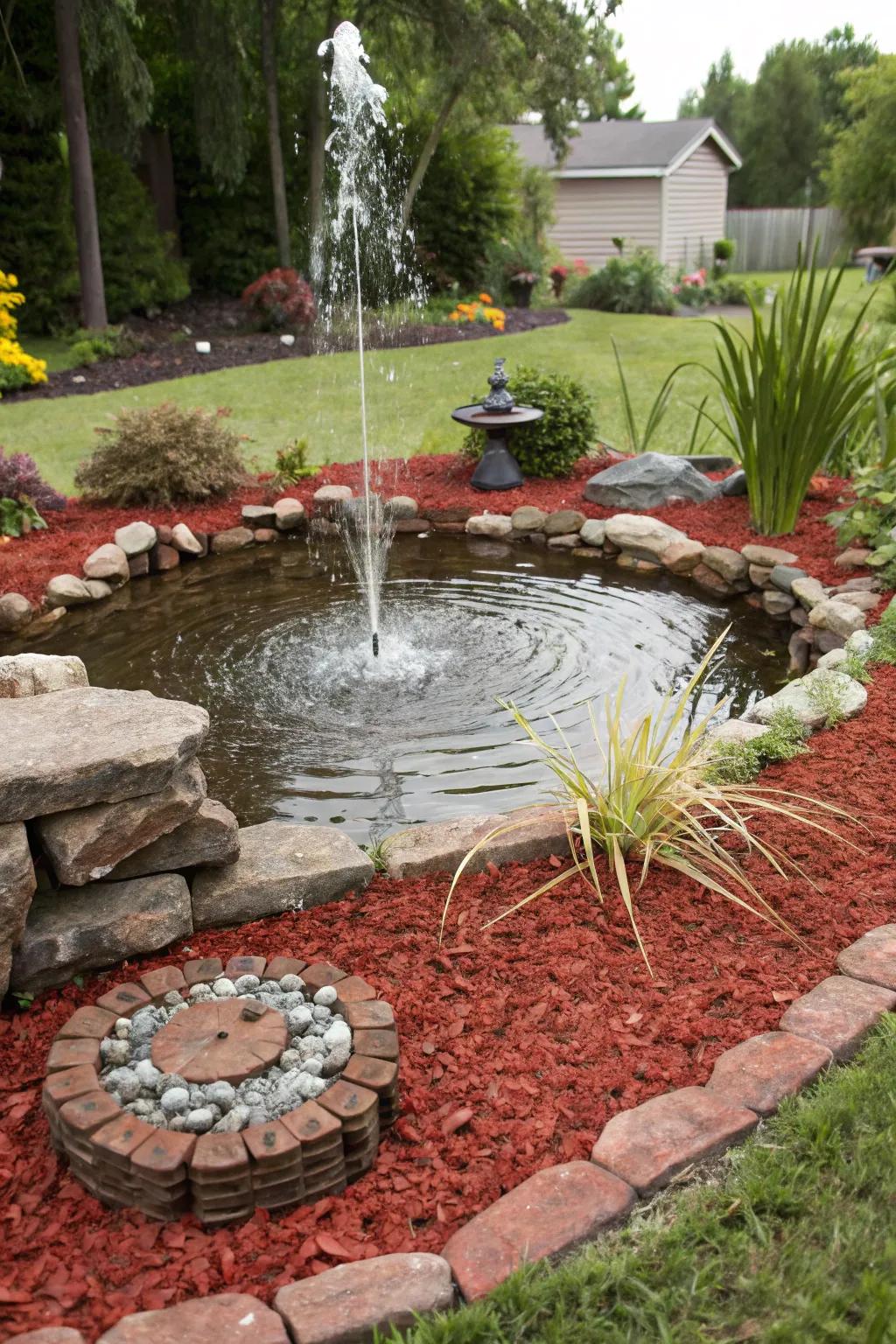 Scarlet ground cover accents water elements, drawing awareness to garden ponds and fountains.