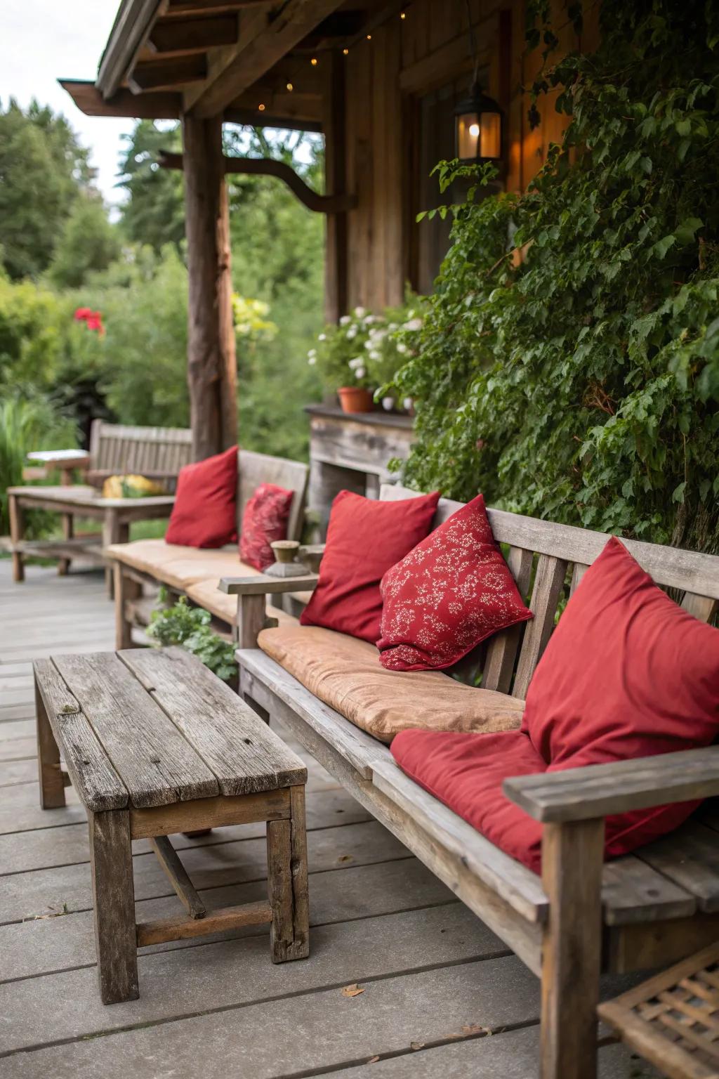 Rustic benches paired with scarlet pillows create a cozy nook.