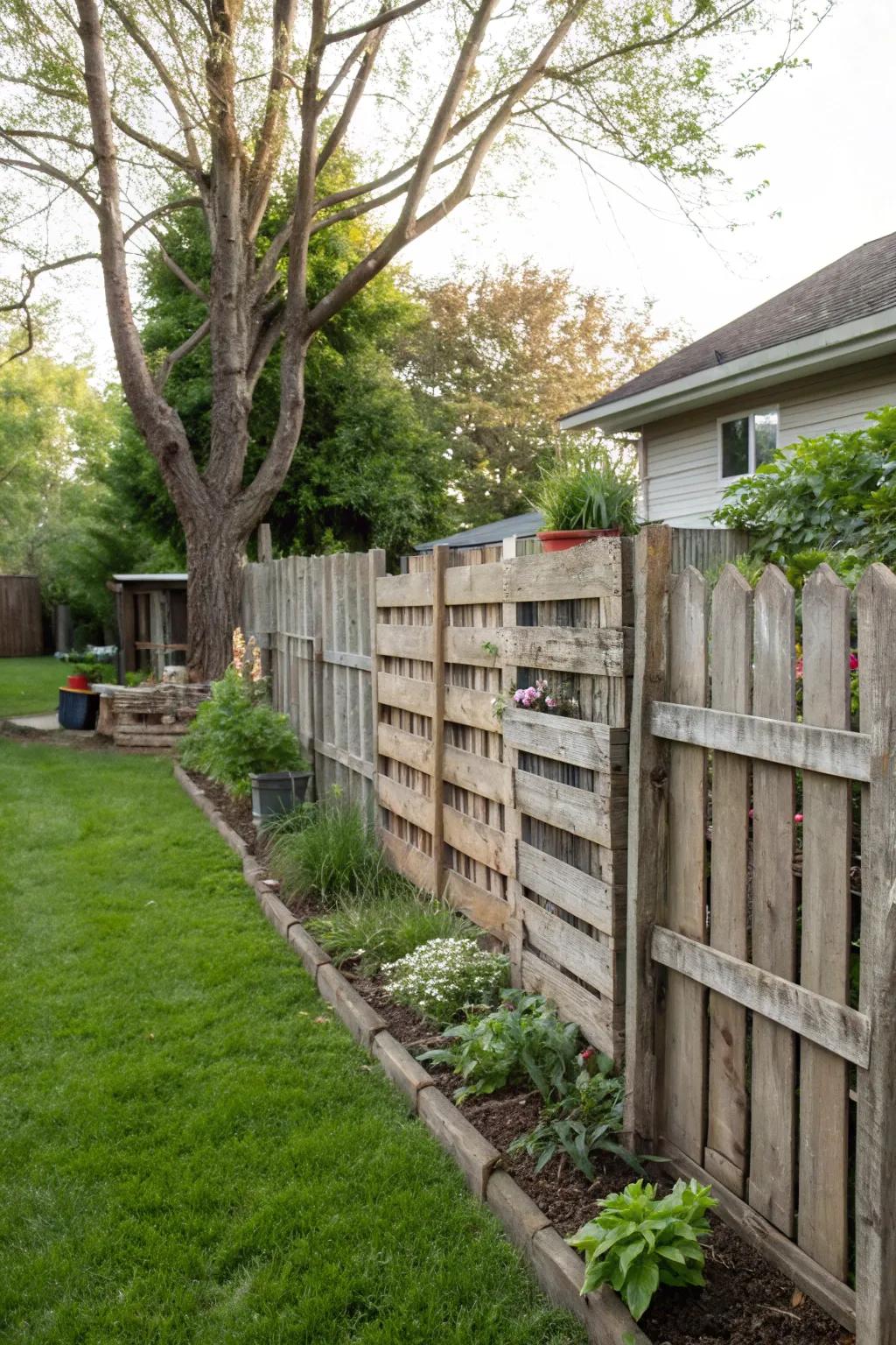 Repurposed pallet fences offer sustainability with rustic charm.