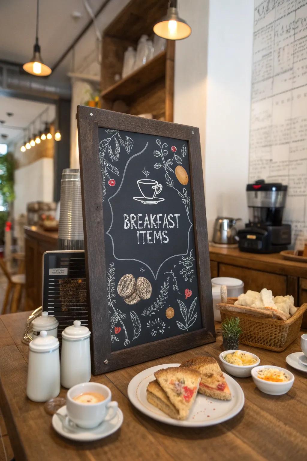 A themed chalkboard menu focusing on breakfast, complete with lovely drawings.