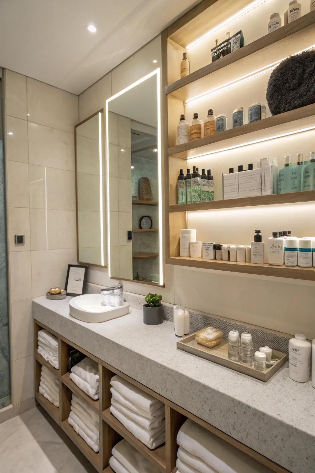 Built-in storage keeps this restroom organized and stylish.