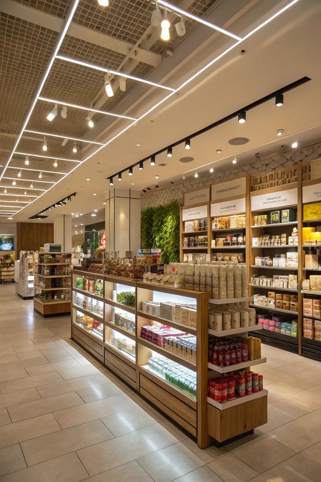 Layered lighting bringing dimension and intrigue to a store.