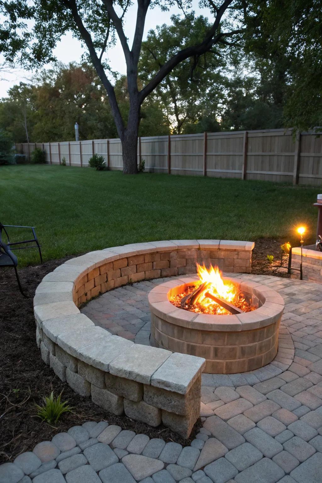An inviting fire pit space framed by architectural landscape blocks, perfect for outdoor gatherings.
