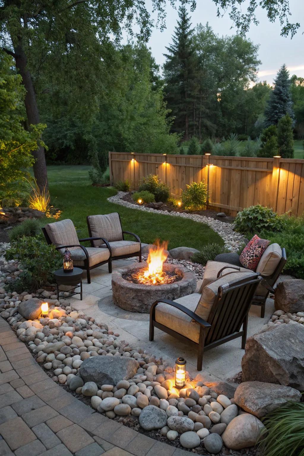 Craft a welcoming fire pit area using smooth pebbles.