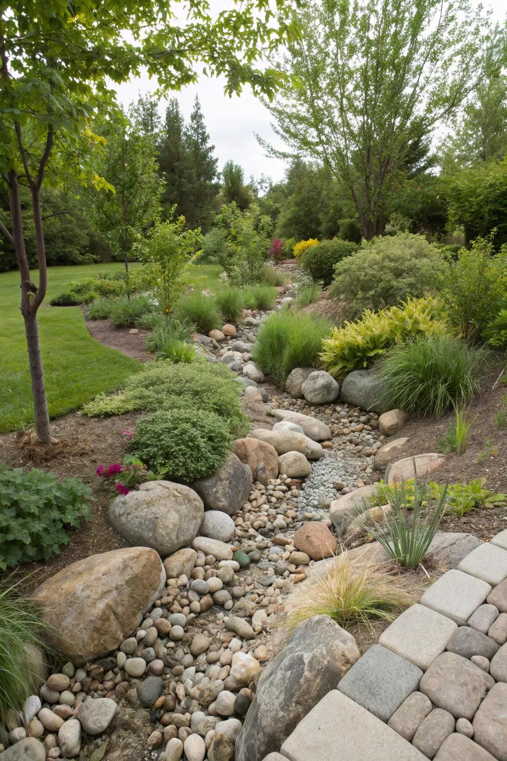 A river rock creek bed offers an eco-friendly solution to garden drainage issues.