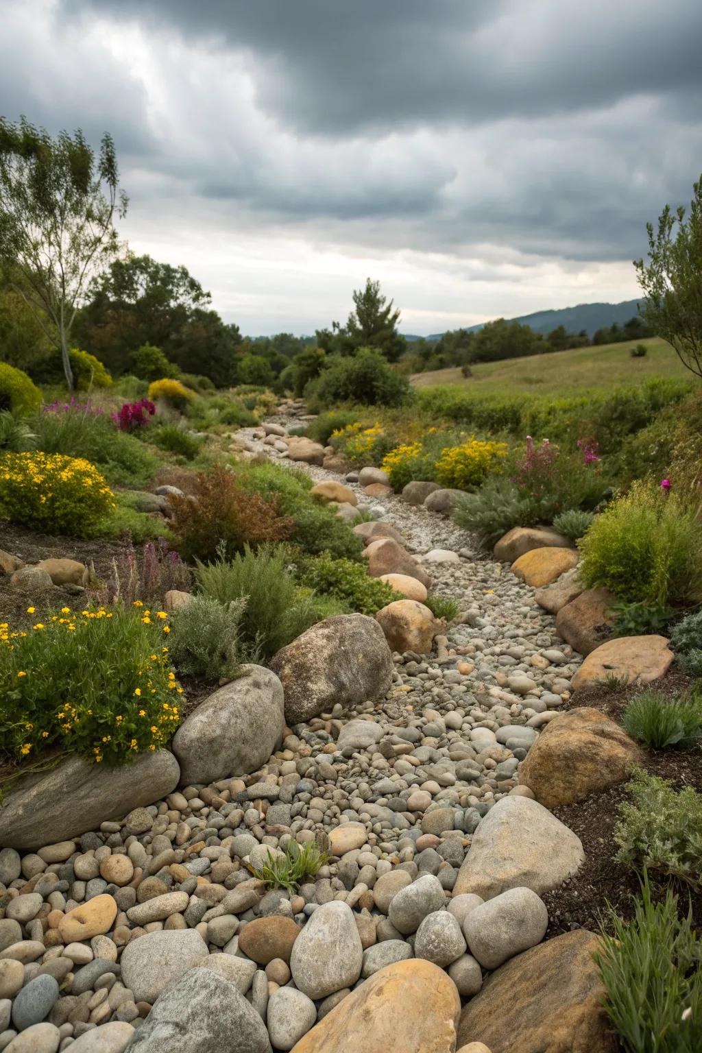 Add movement to your garden using a dry streambed.