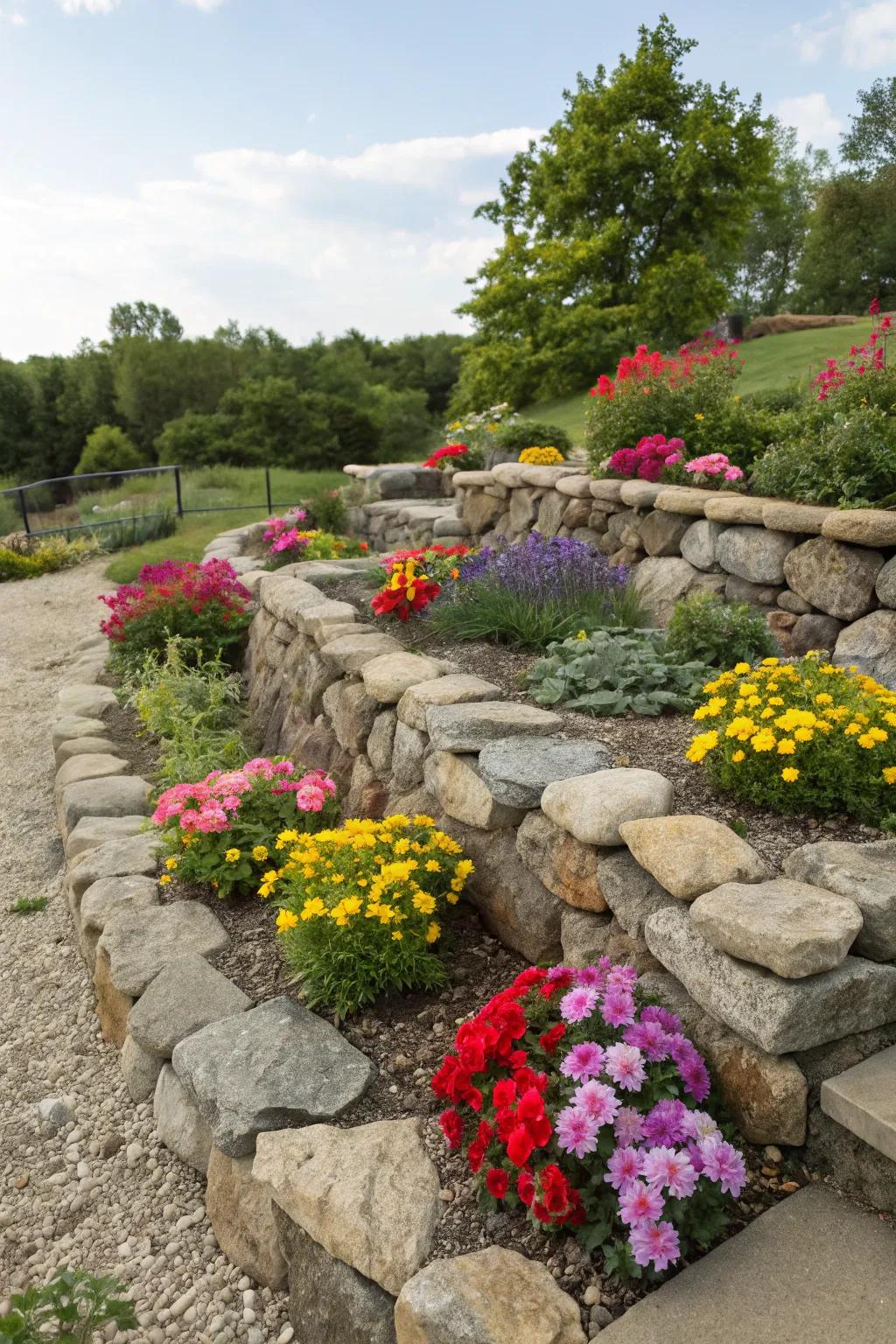High flower beds lend dimension and support lively flowers.