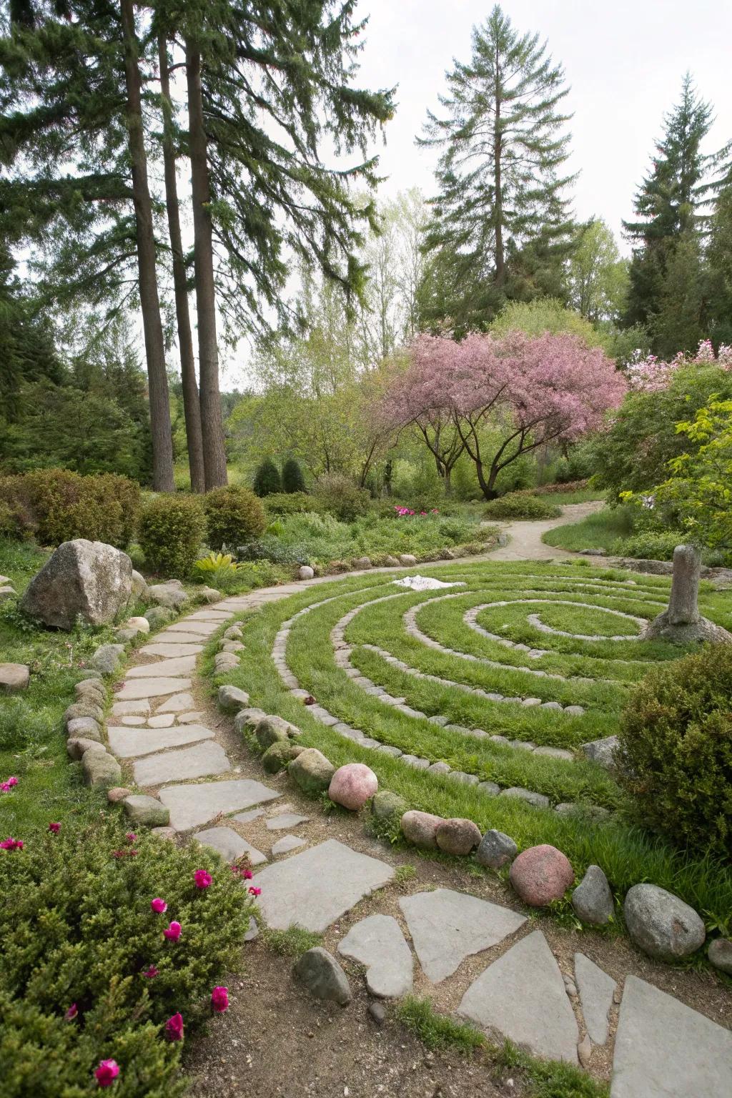 A stone labyrinth adds mystery and intrigue to outdoor spaces.