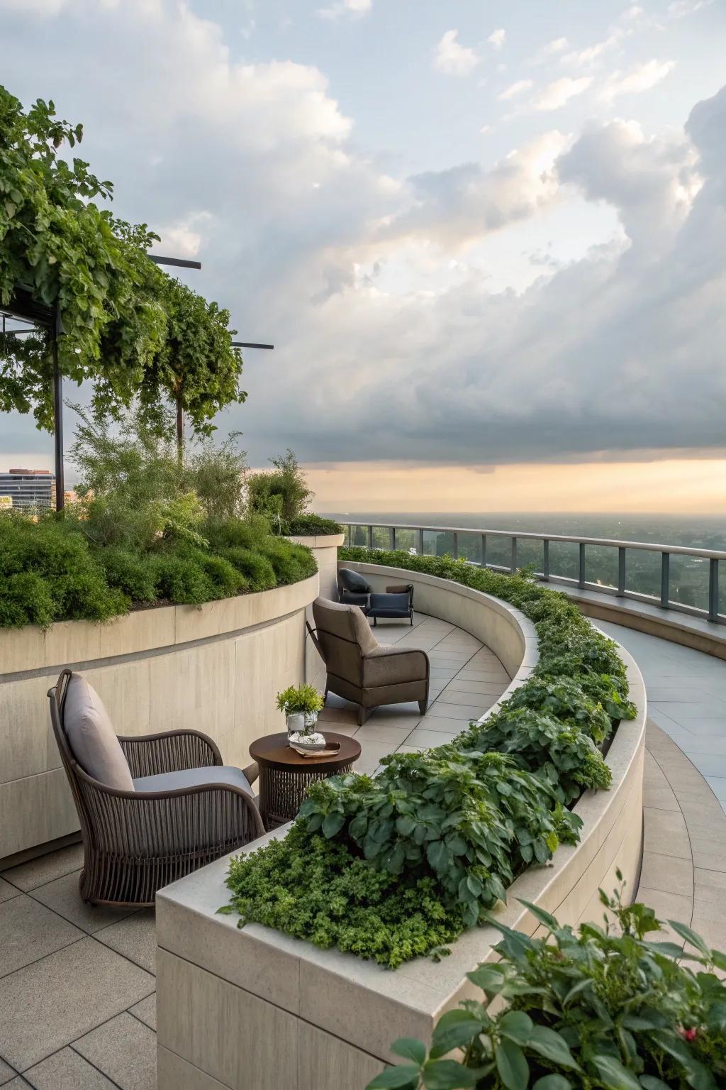 Arcs lend a gentle and inviting sensation to the rooftop design.