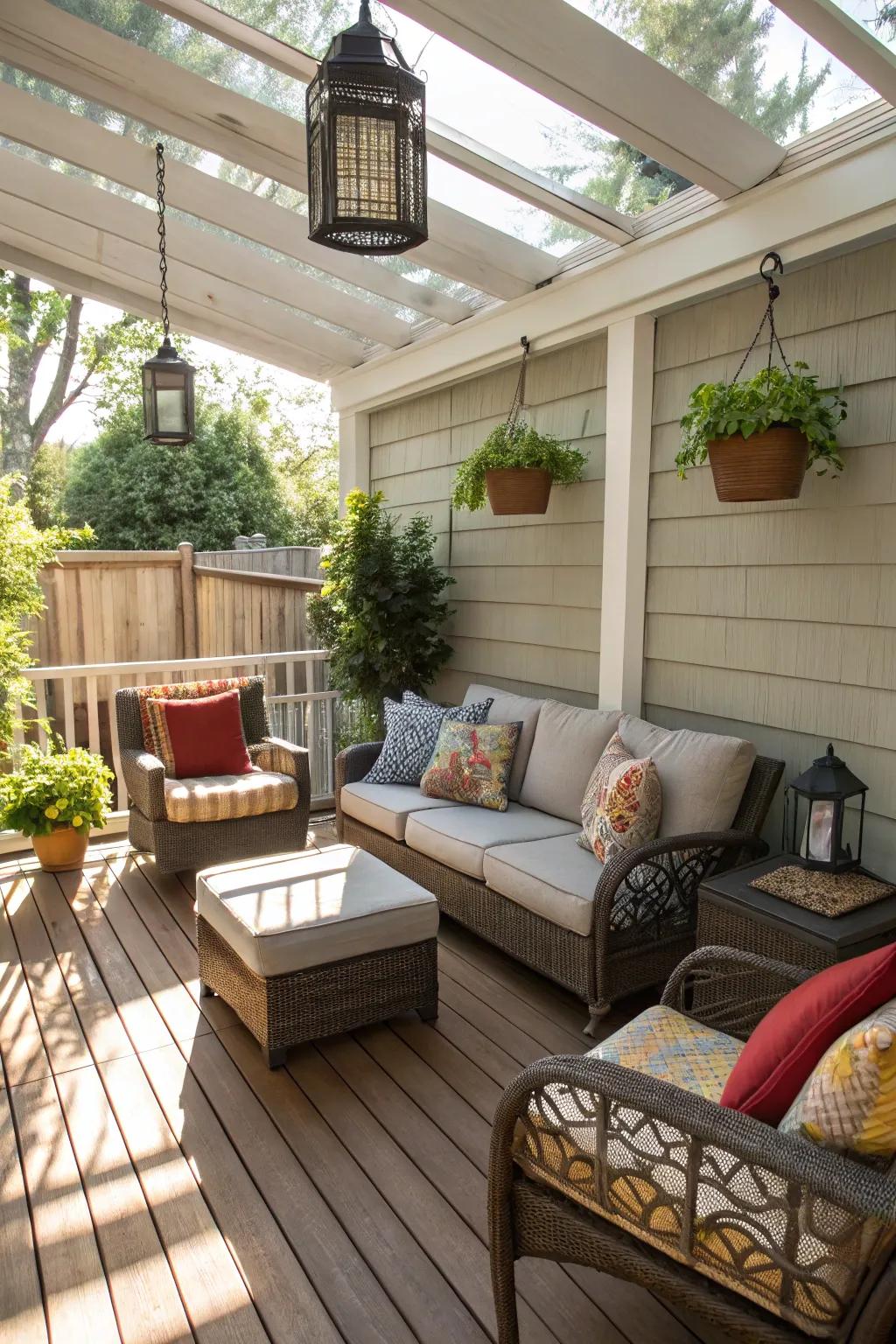 An enclosed porch offers a peaceful retreat with outdoor views.